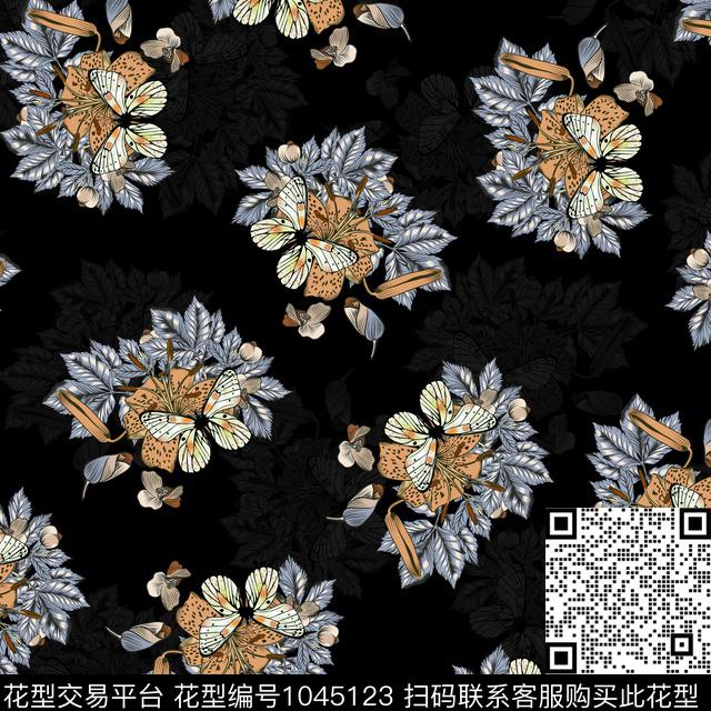 黑底花卉抽象花卉数码印花华亿平台下载（图片编号: 1045123） - 瓦栏（Walan）