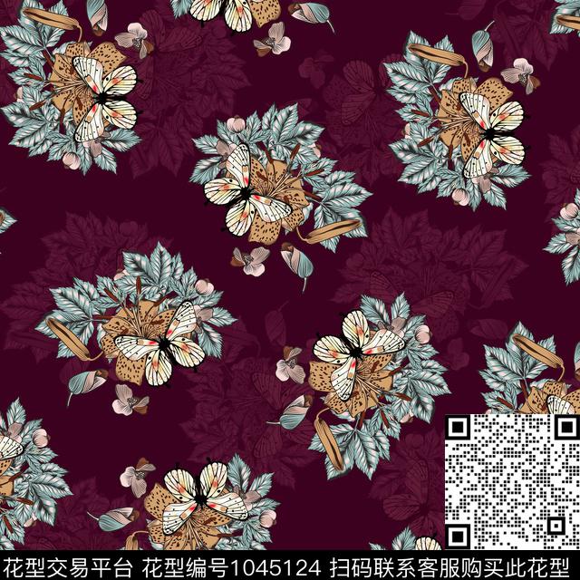 黑底花卉抽象花卉数码印花华亿平台下载（图片编号: 1045124） - 瓦栏（Walan）