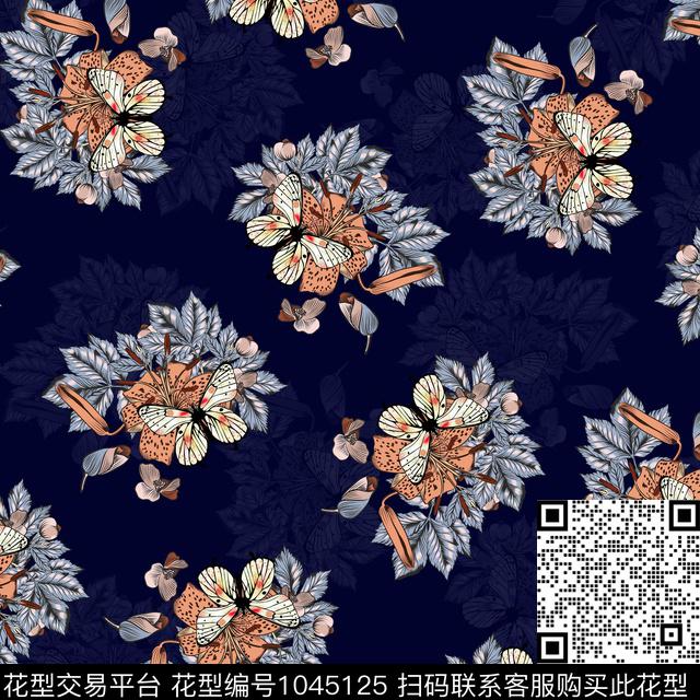 黑底花卉抽象花卉数码印花华亿平台下载（图片编号: 1045125） - 瓦栏（Walan）