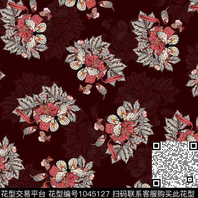 黑底花卉抽象花卉数码印花华亿平台下载（图片编号: 1045127） - 瓦栏（Walan）