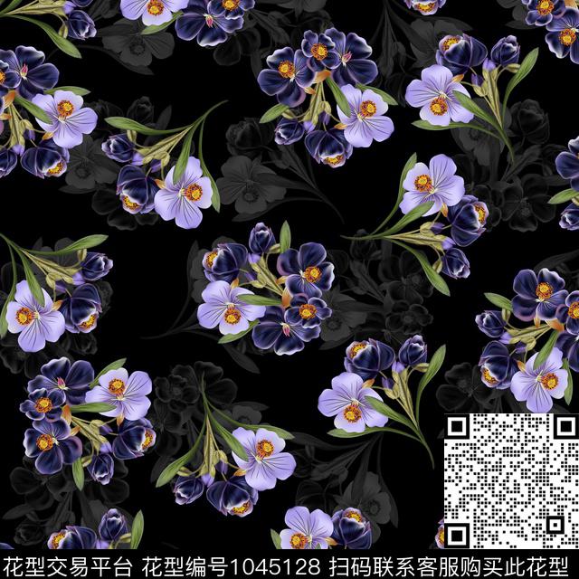 黑底花卉抽象花卉数码印花华亿平台下载（图片编号: 1045128） - 瓦栏（Walan）