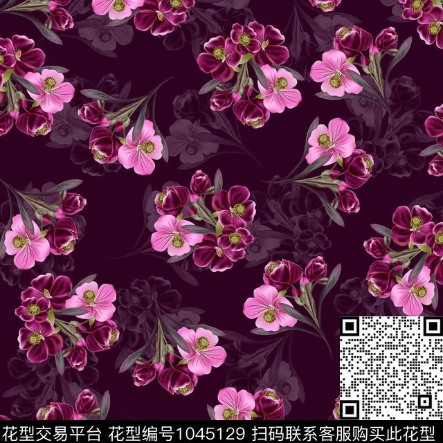 黑底花卉抽象花卉数码印花华亿平台下载（图片编号: 1045129） - 瓦栏（Walan）