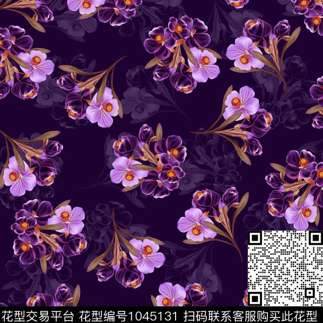 黑底花卉抽象花卉数码印花华亿平台下载（图片编号: 1045131） - 瓦栏（Walan）