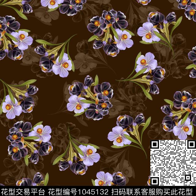 黑底花卉抽象花卉数码印花华亿平台下载（图片编号: 1045132） - 瓦栏（Walan）