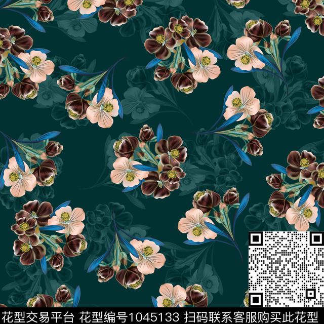 黑底花卉抽象花卉数码印花华亿平台下载（图片编号: 1045133） - 瓦栏（Walan）