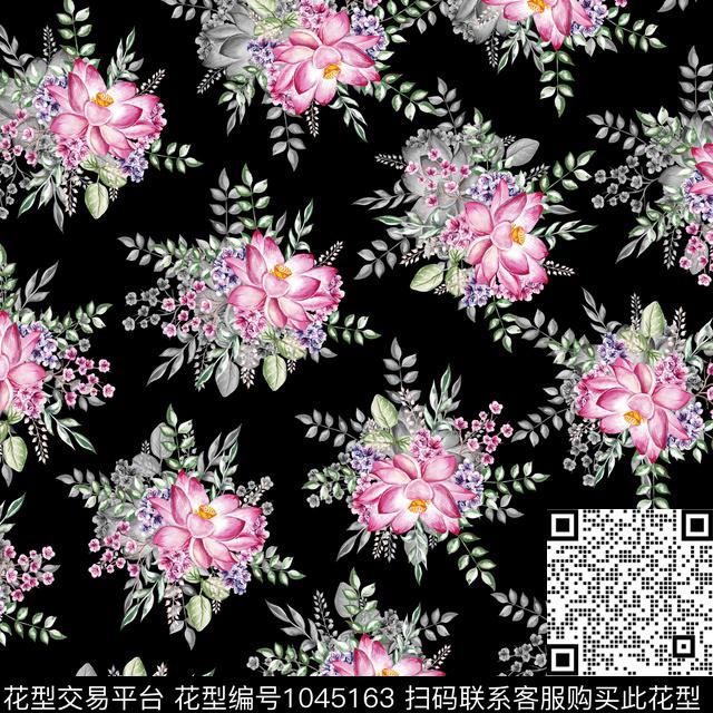 黑底花卉抽象花卉数码印花华亿平台下载（图片编号: 1045163） - 瓦栏（Walan）