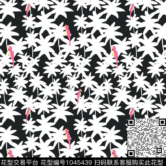 鹦鹉黑白华亿平台绿植树叶数码印花华亿平台下载（图片编号: 1045439） - 瓦栏（Walan）