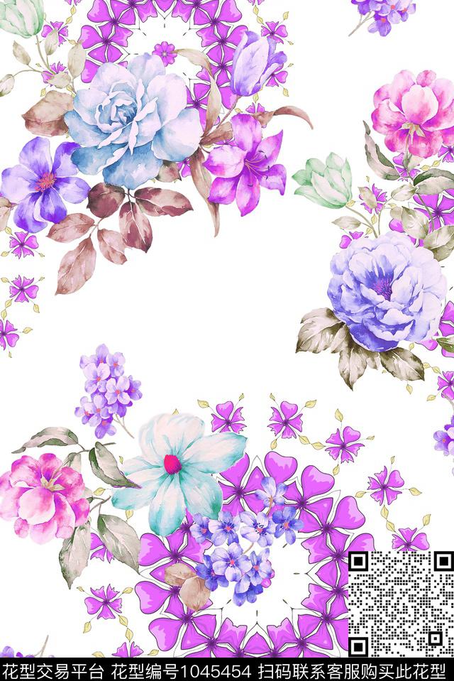 水彩花卉蝴蝶兰大牌风数码印花华亿平台下载（图片编号: 1045454） - 瓦栏（Walan）