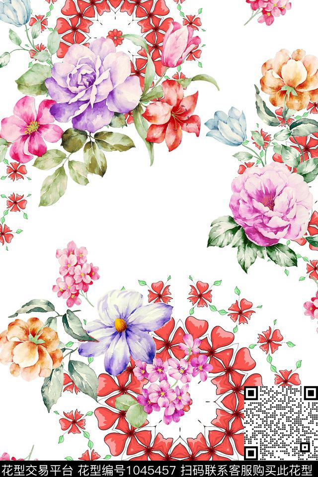 水彩花卉大牌风数码印花华亿平台下载（图片编号: 1045457） - 瓦栏（Walan）