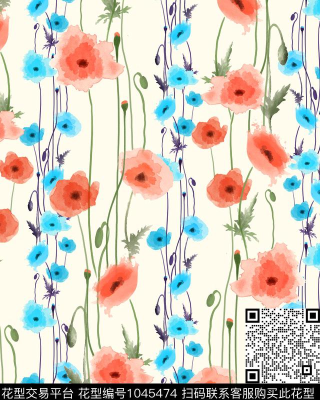 数码华亿平台彩底花卉水彩花卉数码印花华亿平台下载（图片编号: 1045474） - 瓦栏（Walan）