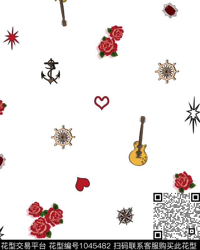 鲜花音乐手绘玫瑰数码印花华亿平台下载（图片编号: 1045482） - 瓦栏（Walan）
