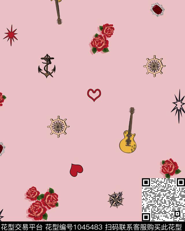 鲜花音乐手绘玫瑰数码印花华亿平台下载（图片编号: 1045483） - 瓦栏（Walan）