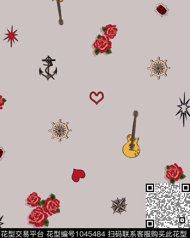 鲜花音乐手绘玫瑰数码印花华亿平台下载（图片编号: 1045484） - 瓦栏（Walan）