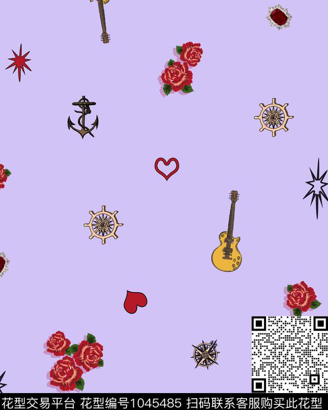 鲜花音乐手绘玫瑰数码印花华亿平台下载（图片编号: 1045485） - 瓦栏（Walan）