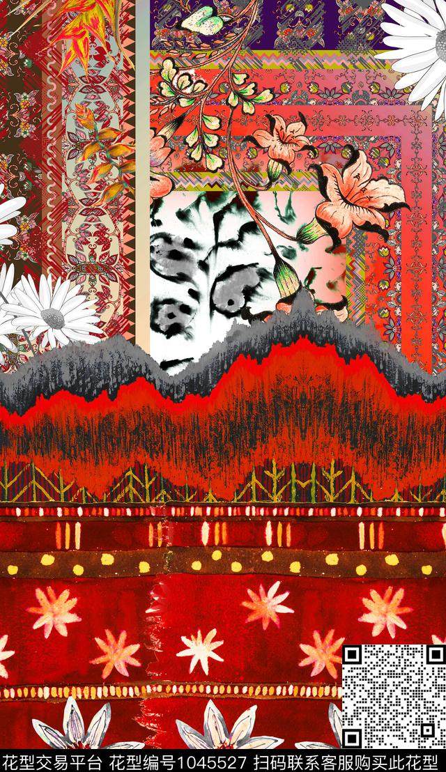 民族风线条定位花数码印花华亿平台下载（图片编号: 1045527） - 瓦栏（Walan）