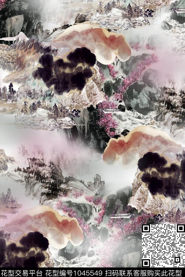 中国风手绘花卉国画数码印花华亿平台下载（图片编号: 1045549） - 瓦栏（Walan）