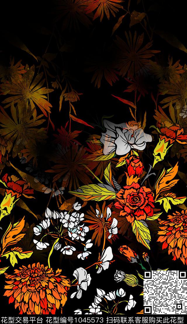 线条水彩花卉定位花数码印花华亿平台下载（图片编号: 1045573） - 瓦栏（Walan）