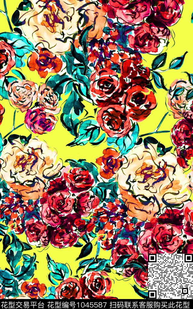 小碎花线条水彩花卉数码印花华亿平台下载（图片编号: 1045587） - 瓦栏（Walan）