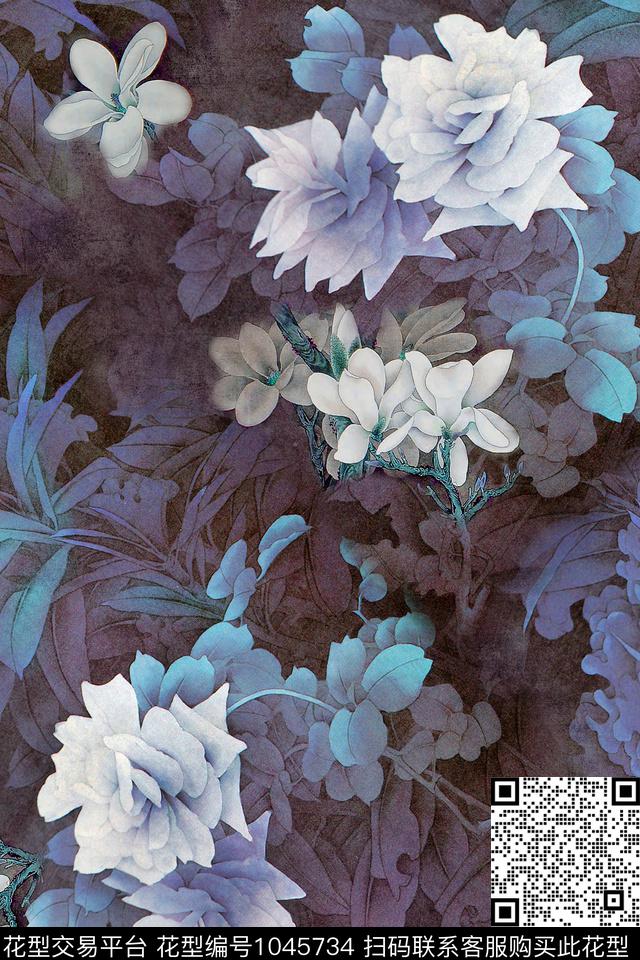 牡丹花卉中国风数码印花华亿平台下载（图片编号: 1045734） - 瓦栏（Walan）