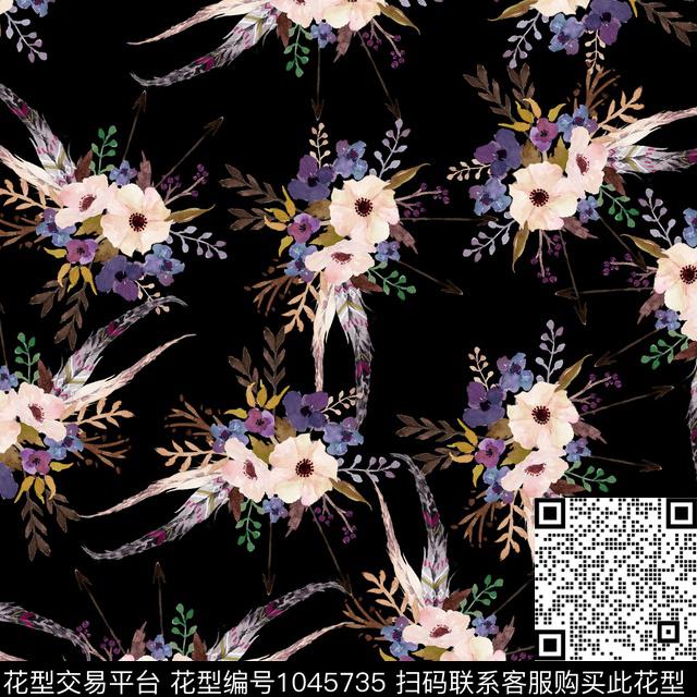 黑底花卉抽象花卉数码印花华亿平台下载（图片编号: 1045735） - 瓦栏（Walan）