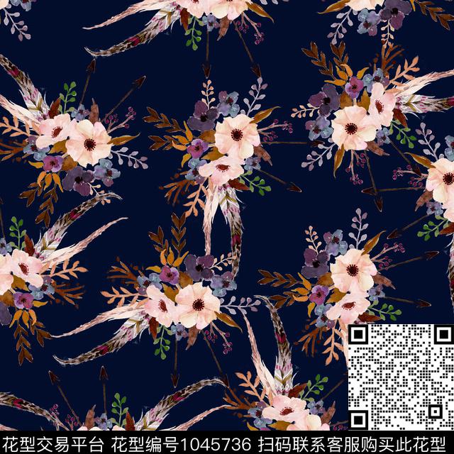 黑底花卉抽象花卉数码印花华亿平台下载（图片编号: 1045736） - 瓦栏（Walan）