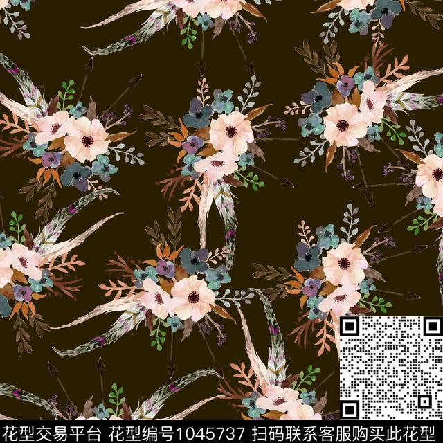 黑底花卉抽象花卉数码印花华亿平台下载（图片编号: 1045737） - 瓦栏（Walan）