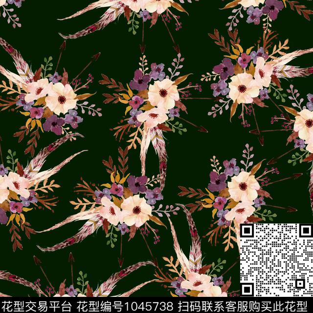 黑底花卉抽象花卉数码印花华亿平台下载（图片编号: 1045738） - 瓦栏（Walan）