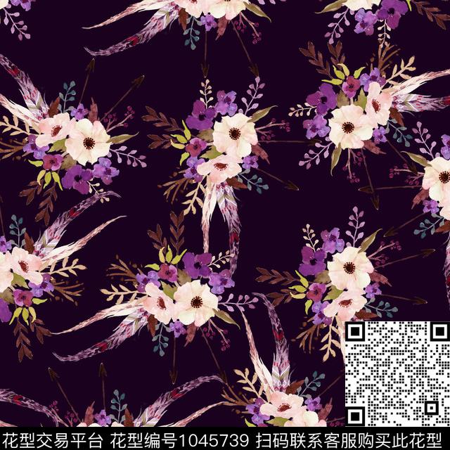 黑底花卉抽象花卉数码印花华亿平台下载（图片编号: 1045739） - 瓦栏（Walan）