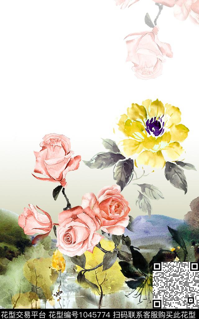 花卉水墨风中国风数码印花华亿平台下载（图片编号: 1045774） - 瓦栏（Walan）
