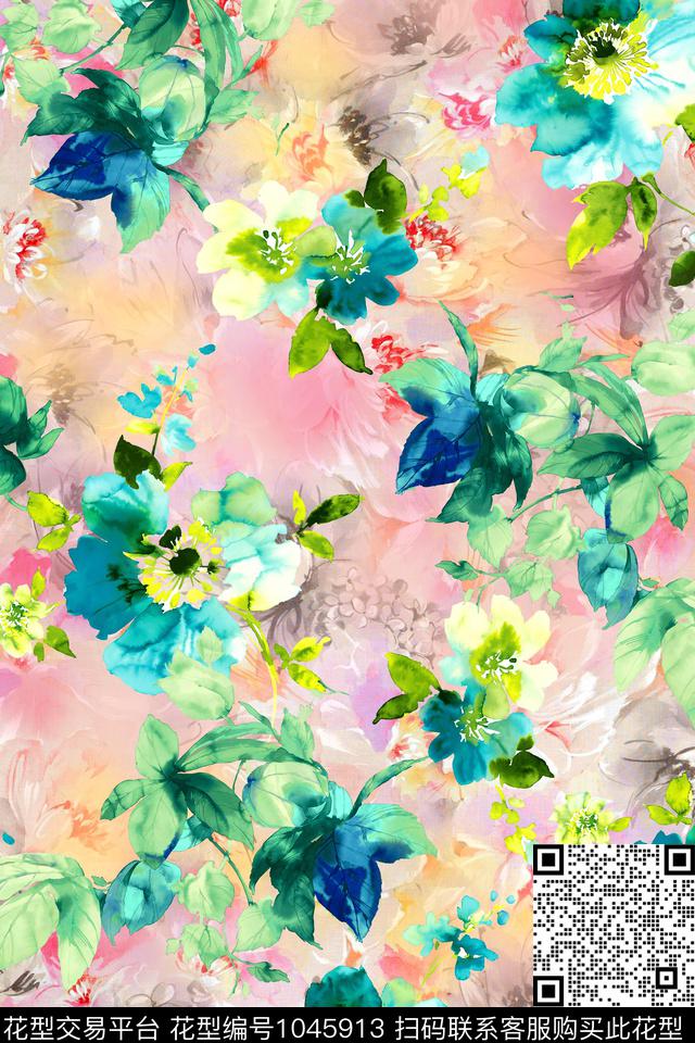 肌理花卉水彩花卉数码印花华亿平台下载（图片编号: 1045913） - 瓦栏（Walan）