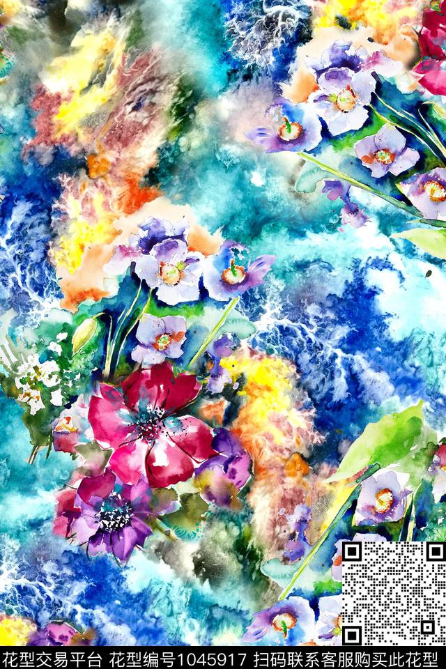 肌理花卉水彩花卉数码印花华亿平台下载（图片编号: 1045917） - 瓦栏（Walan）