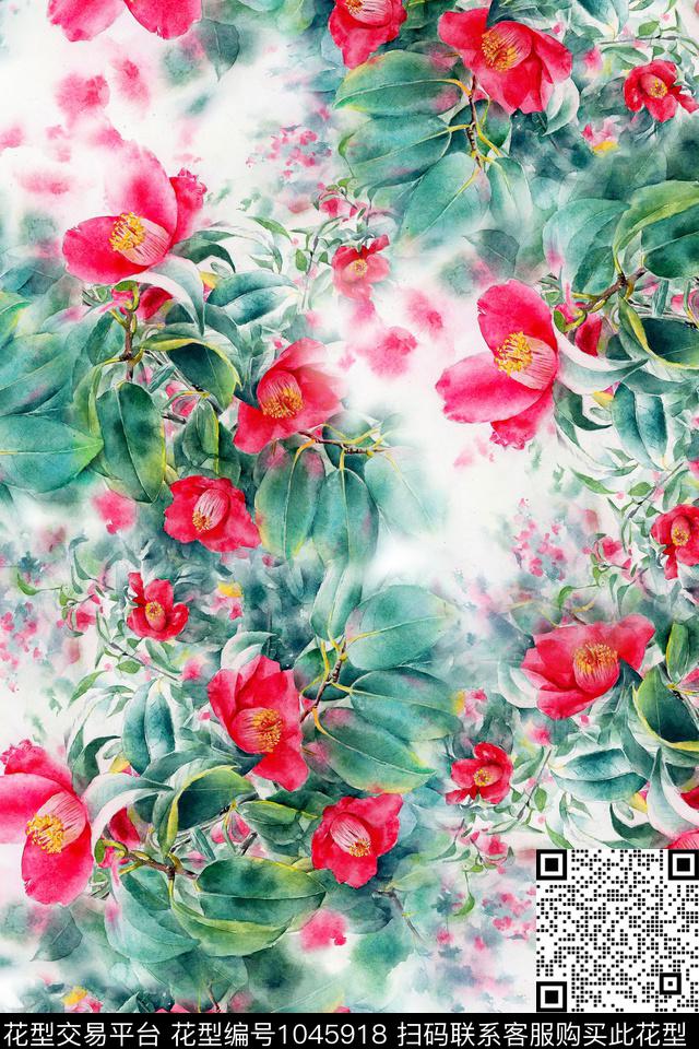 肌理茶花水彩花卉数码印花华亿平台下载（图片编号: 1045918） - 瓦栏（Walan）