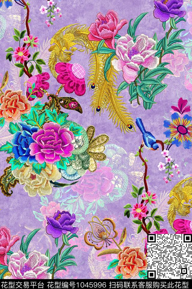 民族风羽毛花卉数码印花华亿平台下载（图片编号: 1045996） - 瓦栏（Walan）