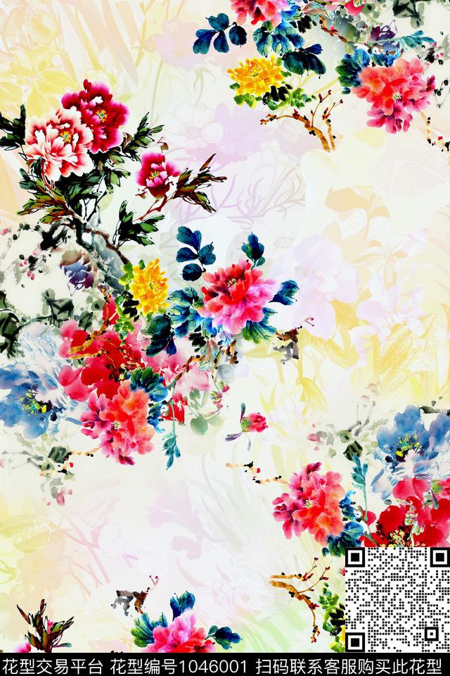 水彩花卉中国风手绘花卉数码印花华亿平台下载（图片编号: 1046001） - 瓦栏（Walan）