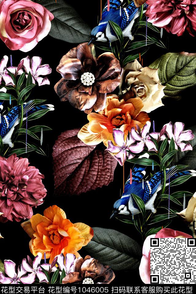 鸟水彩花卉年轻女性数码印花华亿平台下载（图片编号: 1046005） - 瓦栏（Walan）