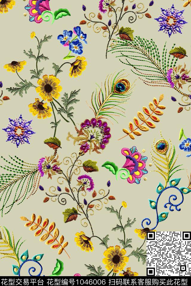 民族风羽毛花卉数码印花华亿平台下载（图片编号: 1046006） - 瓦栏（Walan）