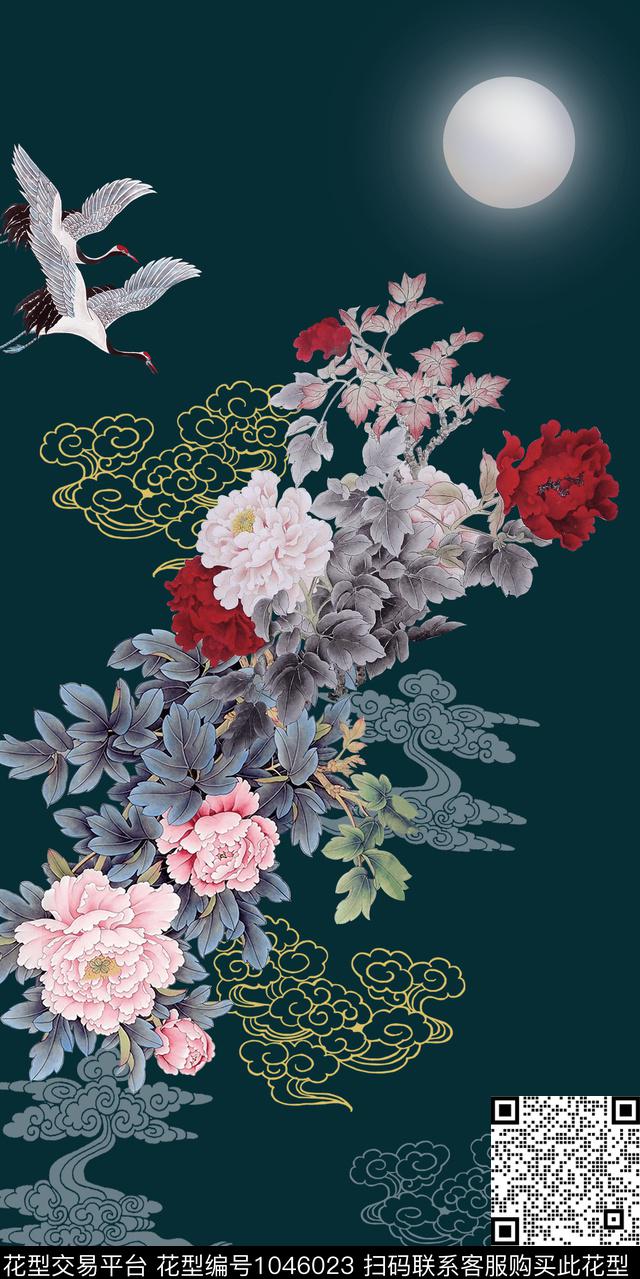 牡丹仙鹤中国风定位花数码印花华亿平台下载（图片编号: 1046023） - 瓦栏（Walan）
