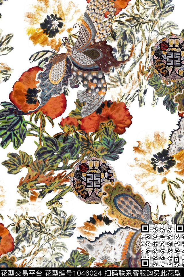 蝴蝶中国风绣花华亿平台数码印花华亿平台下载（图片编号: 1046024） - 瓦栏（Walan）