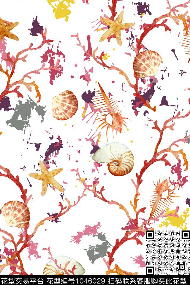 树枝海星贝壳传统印花华亿平台下载（图片编号: 1046029） - 瓦栏（Walan）