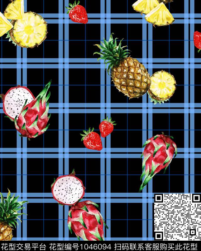 格子水果菠萝数码印花华亿平台下载（图片编号: 1046094） - 瓦栏（Walan）
