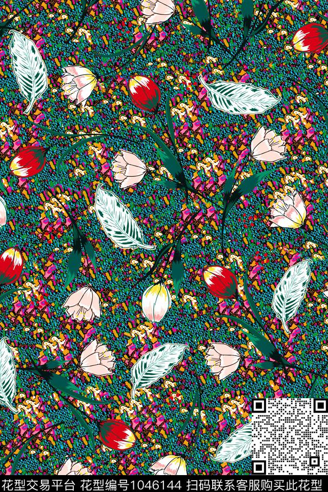 民族风抽象手绘花卉数码印花华亿平台下载（图片编号: 1046144） - 瓦栏（Walan）