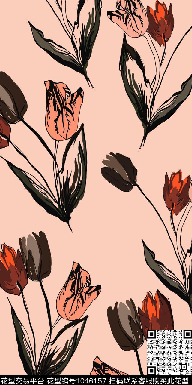 郁金香手绘花卉女装数码印花华亿平台下载（图片编号: 1046157） - 瓦栏（Walan）