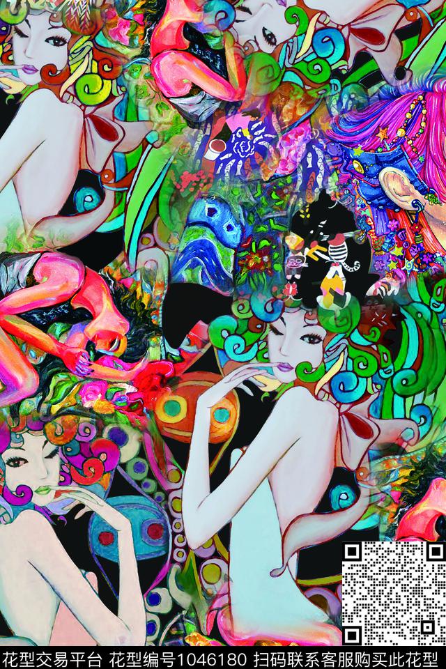 抽象蝴蝶人物数码印花华亿平台下载（图片编号: 1046180） - 瓦栏（Walan）