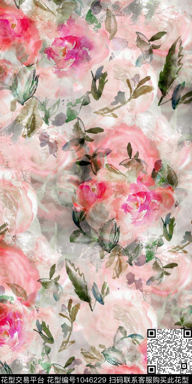 数码华亿平台水彩花卉花卉数码印花华亿平台下载（图片编号: 1046229） - 瓦栏（Walan）