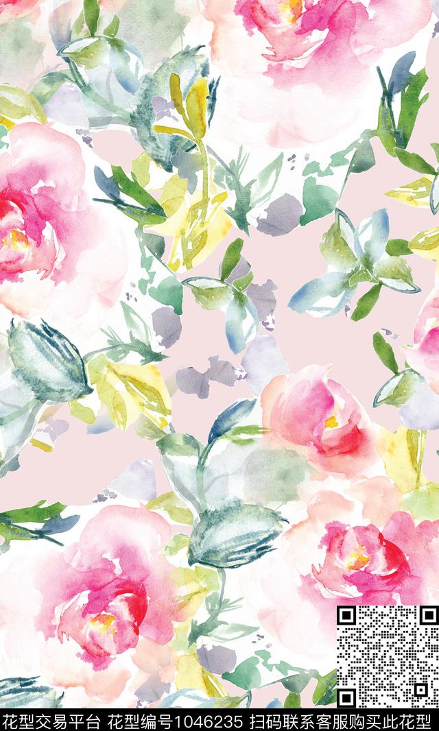 水彩花卉花卉彩地花卉数码印花华亿平台下载（图片编号: 1046235） - 瓦栏（Walan）