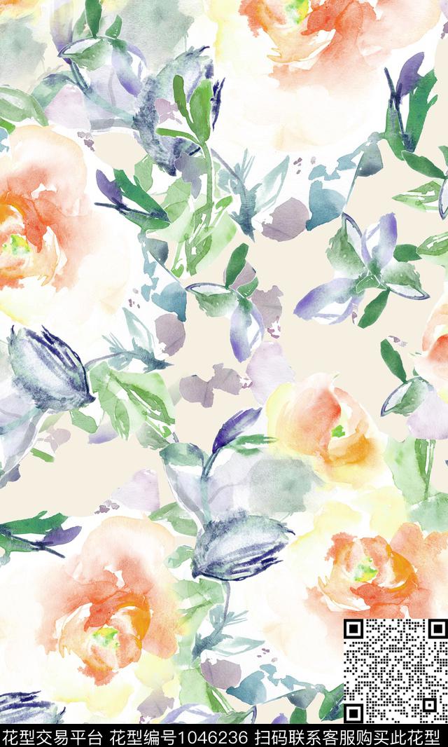 水彩花卉花卉彩地花卉数码印花华亿平台下载（图片编号: 1046236） - 瓦栏（Walan）
