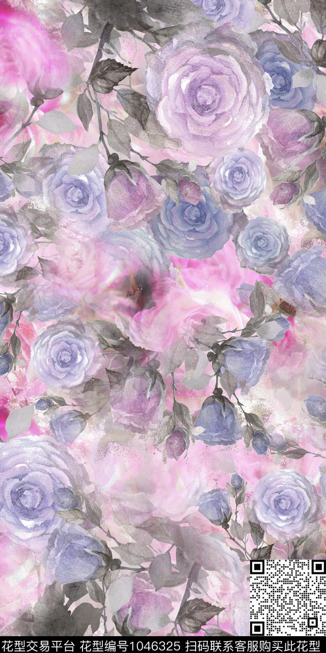 朦胧花卉玫瑰花浪漫优雅数码印花华亿平台下载（图片编号: 1046325） - 瓦栏（Walan）