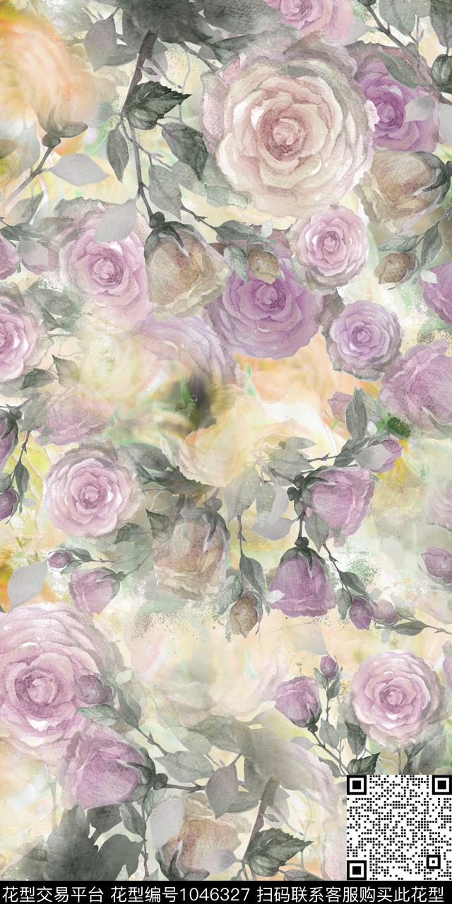 朦胧花卉玫瑰花浪漫优雅数码印花华亿平台下载（图片编号: 1046327） - 瓦栏（Walan）