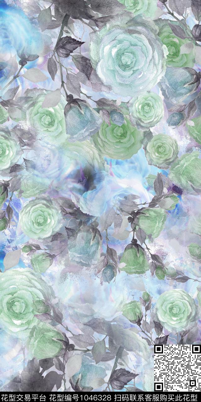 朦胧花卉玫瑰花浪漫优雅数码印花华亿平台下载（图片编号: 1046328） - 瓦栏（Walan）