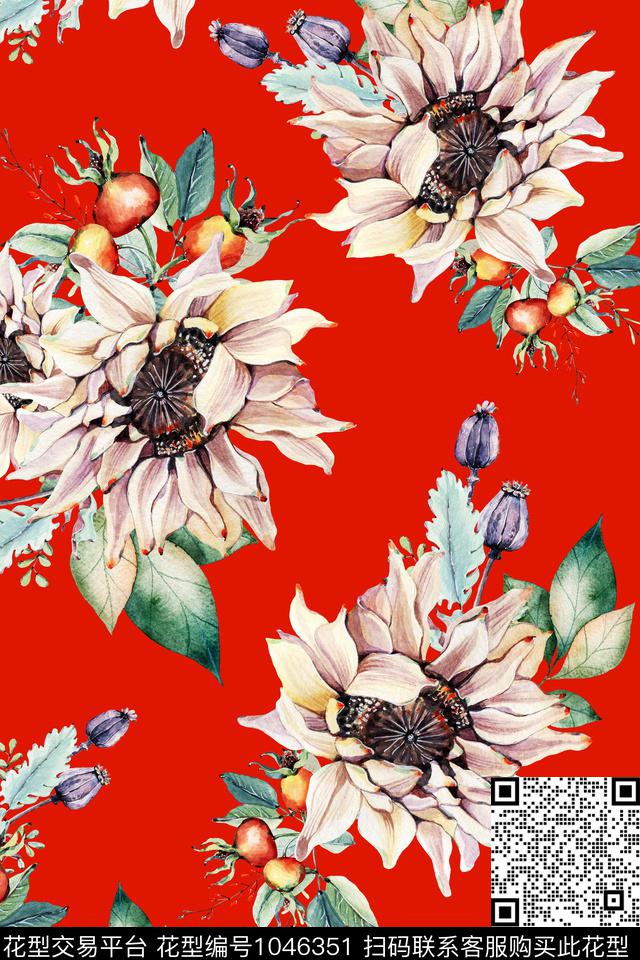 大花植物手绘花卉数码印花华亿平台下载（图片编号: 1046351） - 瓦栏（Walan）